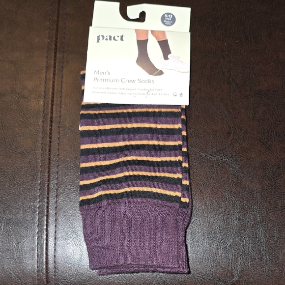 Pact Men's Premium Crew Socks - Purple, Gold And Black Stripes - Picture 1 of 6